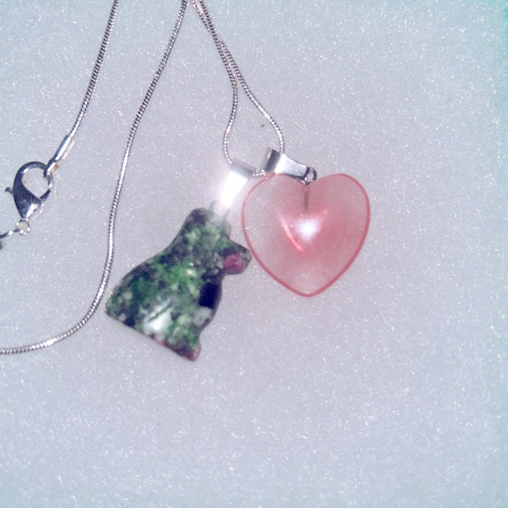 Boho Hippie Ruby in Zoisite Dog and Cherry Quartz Heart Silver Necklace 18”